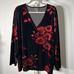 Lane Bryant Black & Red Floral Velour Faux Wrap Blouse SZ 26/28